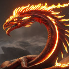 Fiery dragon with glowing orange scales and blazing flames surrounded by smoke