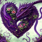 Purple Dragon with Green Eyes in Heart Shape Among Roses and Vines