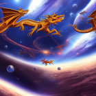 Majestic dragons in cosmic landscape with planets and stars