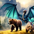 Blue dragon and bears in misty forest with mountains