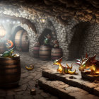 Three Small Dragons in Illuminated Underground Cellar with Arched Stone Interior