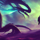 Digital artwork: Three serpentine dragons in fantastical landscape