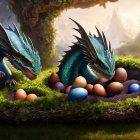 Blue Dragons and Colorful Eggs in Mystical Forest Setting