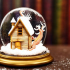 Snow Globe with Dragon and Snow-Covered House Among Colorful Book Spines