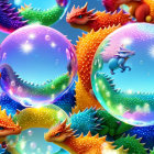 Fantastical Dragons with Sparkling Bubbles on Blue Background