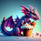 Colorful Animated Dragon with Purple Wings and Ice Cream Cone in a Blue Setting