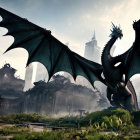 Black dragon in ruins of collapsed city with mist and remnants.