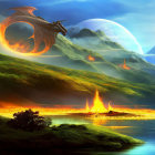 Fantasy landscape with dragon, eruptions, greenery, lake, celestial objects