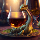 Illustration of small dragon with brandy snifter on golden plate
