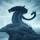 Enormous dragon on cliffs near lighthouse in misty landscape