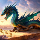 Blue dragon on mountain with coins under pastel sky