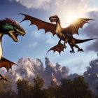 Dragons with outstretched wings in mountain sunset scene