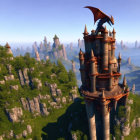 Fantasy tower with red dragon on spires in mountainous landscape