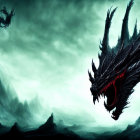 Black dragon with red eyes in dark, moody landscape