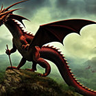 Red dragon perched on cliff with spread wings, flying dragons in stormy sky above lush valley.