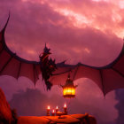 Dragon with large wings flying over rocky outpost with lit candles and lantern at twilight