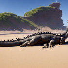 Giant animated dragon on sandy beach with green hills and blue sky