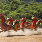 Red Dragons with Green Underbellies Racing Across Sandy Path