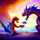 Colorful Dragons Exchange Umbrella under Vivid Sky