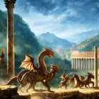 Digital illustration of dragons on ruined temple overlooking ancient city with columns and amphitheater