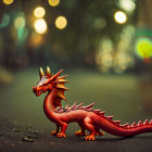 Toy Dragon on Blurred Pathway with Illuminated Trees