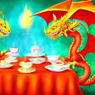 Colorful Dragons Tea Party Table Setting with Teapot and Candle