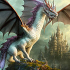 Purple-winged dragon on hill with fantasy towers under hazy sky