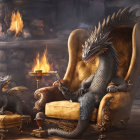 Two dragons in an elegant setting by a fireplace with a pipe and table companion.