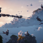 Dragons on Power Lines in Misty Mountain Landscape at Dusk