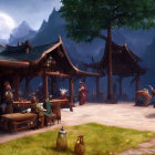 Medieval fantasy village with characters and wooden structures against mountain backdrop