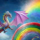 Colorful dragon perched on rainbow with flying companion