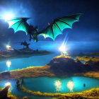 Majestic dragon with spread wings by luminous lake at night