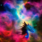 Colorful cosmic scene: blue dragon in multicolored nebula under starry sky