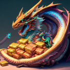 Shimmering blue dragon guarding gold bars with offspring