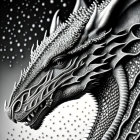 Detailed Monochromatic Dragon Head Illustration with Scales and Horns