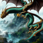 Majestic green dragon with elaborate scales in mountain landscape
