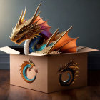 Detailed realistic dragon figurine with scales, horns, and wings emerging from cardboard box