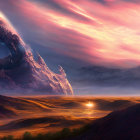 Alien landscape with large blue spiraled structure under dramatic sunset sky
