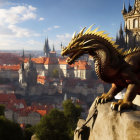 CGI dragon overlooking historic city with church and sunny sky