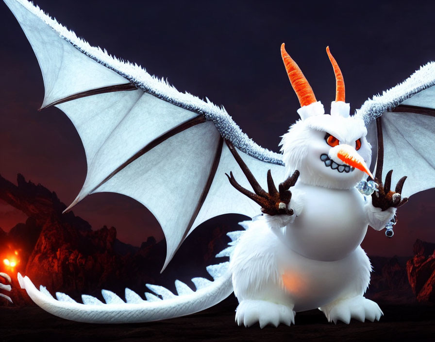 White Dragon with Large Wings and Orange Eyes in Menacing Rocky Terrain
