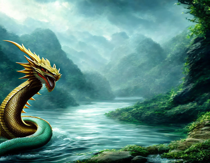 Golden Dragon Coiling by Misty River in Lush Forest