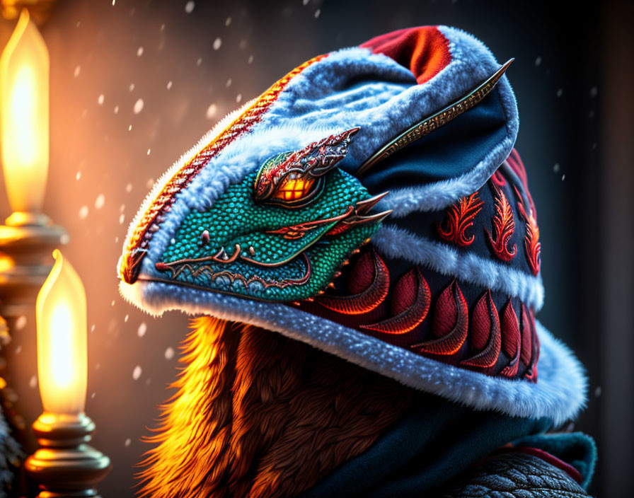 Colorful Dragon-Themed Hat Worn Under Soft Candlelight