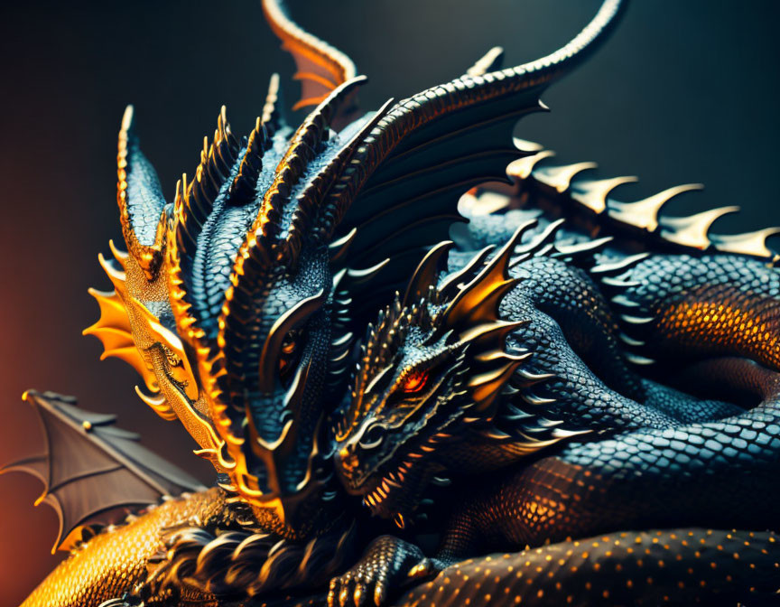 Detailed mythical dragon illustration with intricate scales, horns, and sharp spikes on blurred backdrop