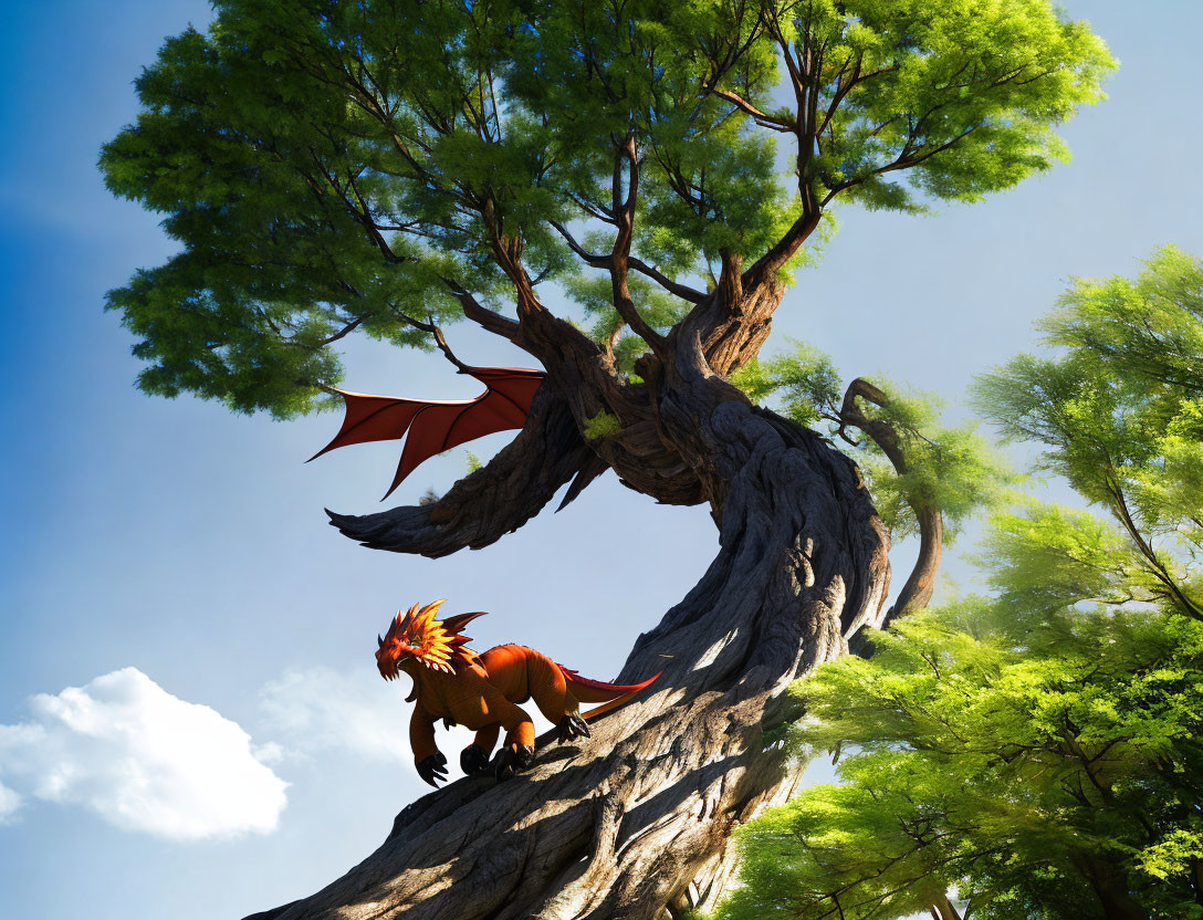 Red-winged dragon perched on gnarled tree in digital illustration