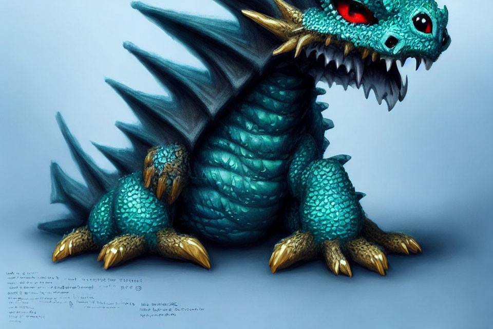 Fantastical blue dragon with large eyes and spiky wings on muted background