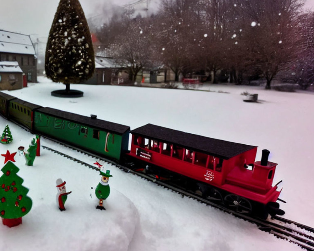 Winter scene with model train and Christmas decorations