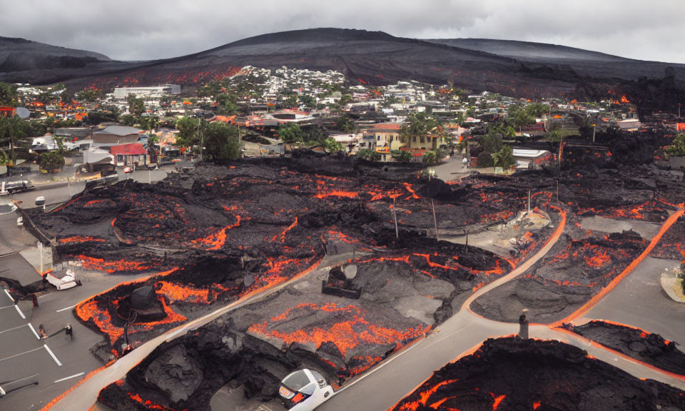 Town landscape with lava streams from volcanic eruption