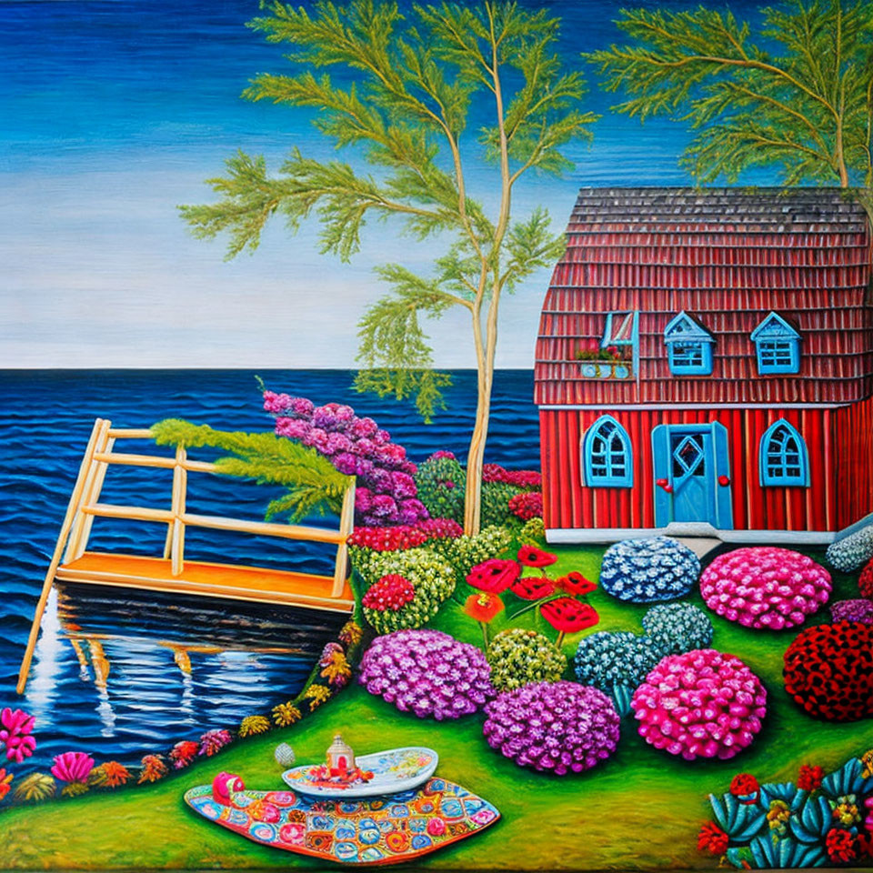 Colorful painting of red house, blue roof by the sea with boat and picnic blanket