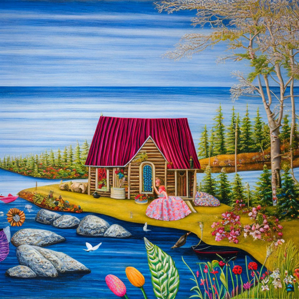 Vibrant painting of whimsical seaside cottage with woman in pink dress