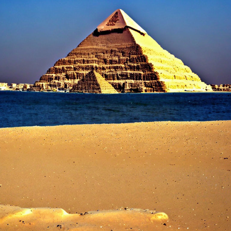 Sunlit Great Pyramid of Giza with limestone cap under blue sky.